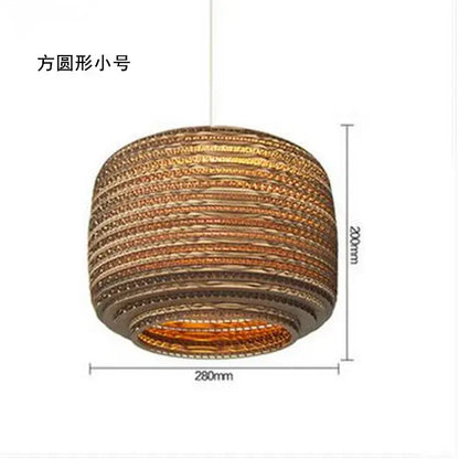 DecorBites™ warm-toned cylindrical paper pendant light made from layered corrugated cardboard for Southeast Asian style
