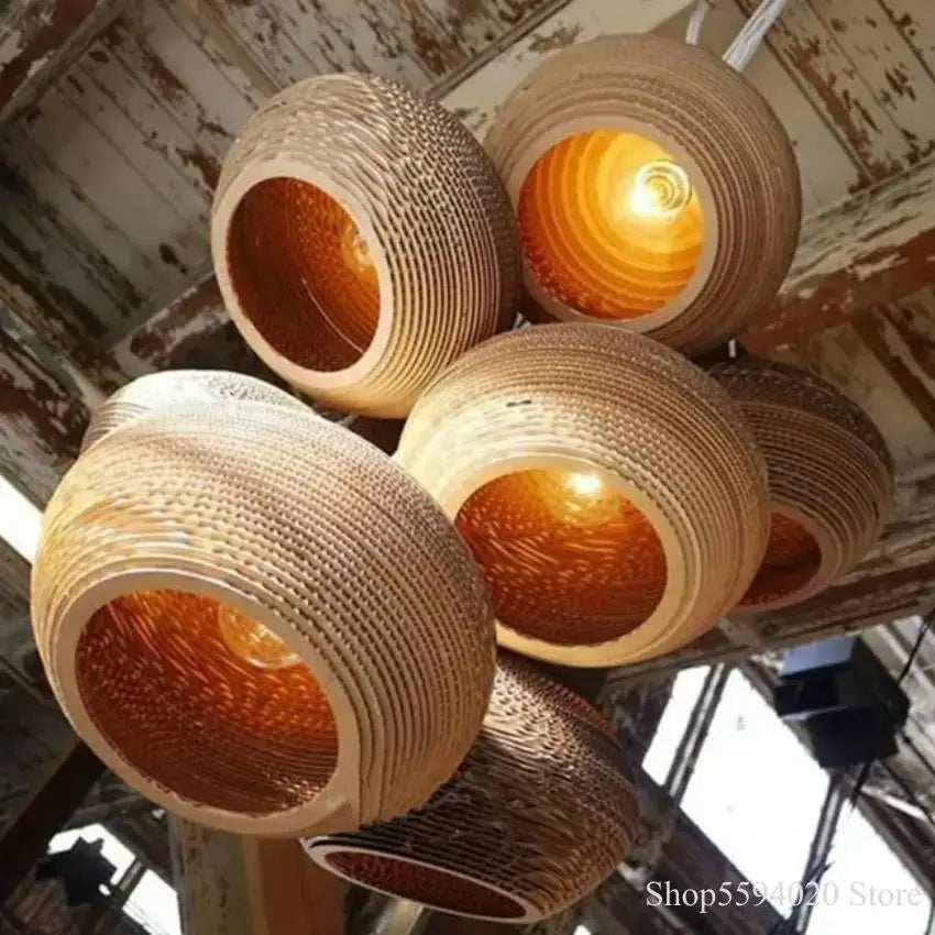 Decorbites™ chinese paper pendant light with handcrafted woven exterior and warm honey-toned glow for living room