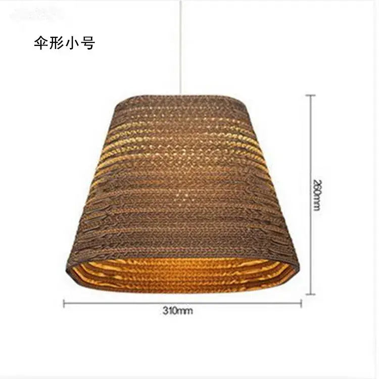 Brown woven cardboard pendant light with tapered umbrella shape and golden interior for restaurant or living room use