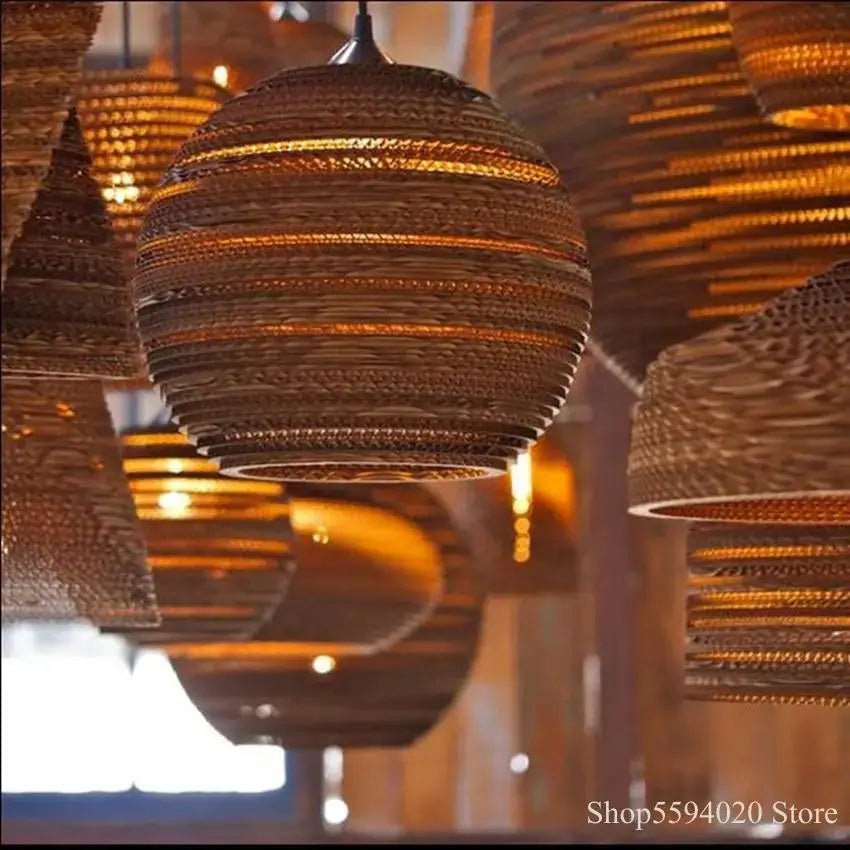 Decorbites™ warm-toned spherical paper pendant light made of woven corrugated cardboard for restaurant or living room
