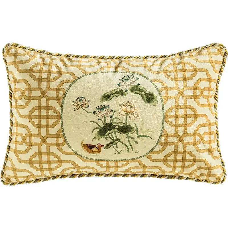 Cream-colored pillow cover with gold geometric pattern and embroidered lotus flowers and duck by DecorBites Chinese Peony
