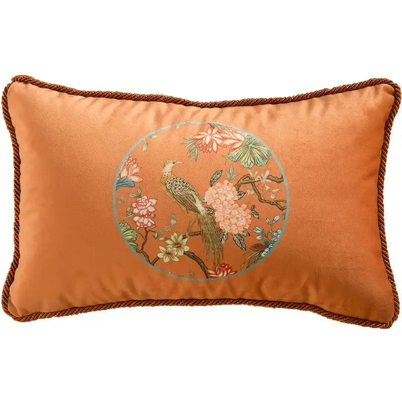 Orchid-colored velvet pillow cover with circular bird embroidery and braided trim from decorbites chinese peony flower design