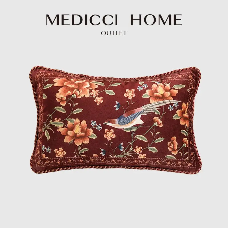Medicci home outlet rectangular pillow cover with burgundy velvet and decorbites chinese peony flower bird embroidery