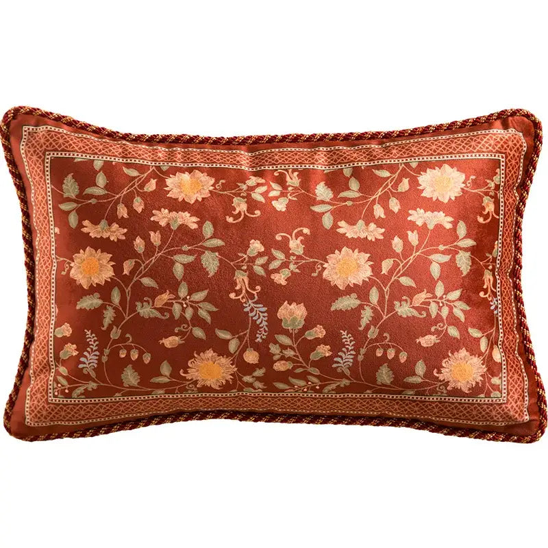 Rectangular rust satin pillow cover with intricate cream and green floral embroidery by DecorBites Chinese Peony