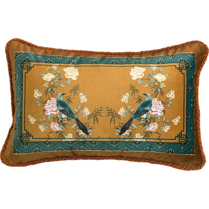 Rectangular DecorBites Chinese Peony pillow cover with golden background teal birds and pink white flowers embroidery
