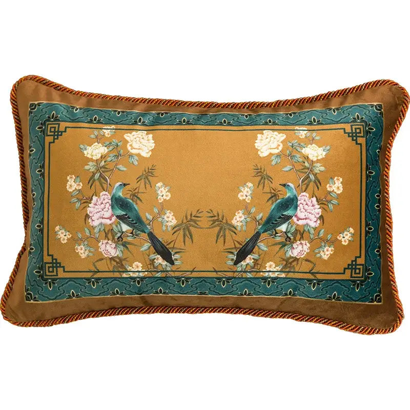 Rectangular DecorBites Chinese Peony pillow cover with golden background teal birds and pink white flowers embroidery