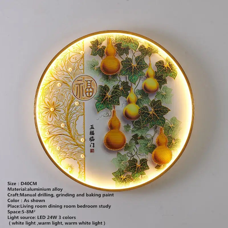 Decorbites™ modern circular led wall decoration lamp with golden gourds green leaves on aluminum alloy base for picture wall