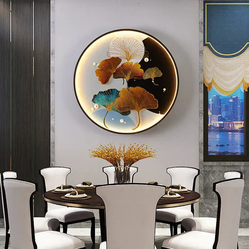 Decorbites™ chinese picture wall decoration lamp featuring illuminated gold teal and white ginkgo leaves on dark background