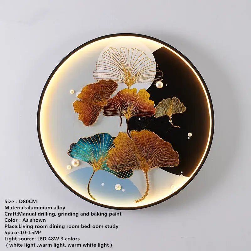 Decorbites™ chinese picture wall decoration lamp featuring circular led wall sconce with hand-painted gold teal and amber ginkgo leaves on black and white background with pearl accents