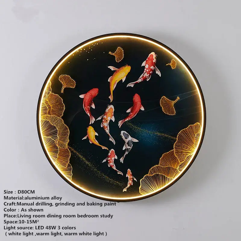 DecorBites™ modern circular led wall decoration lamp with hand-painted koi fish and gold ginkgo leaves on black background