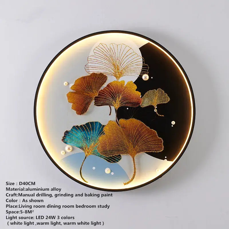 DecorBites™ circular led wall decoration lamp with handcrafted gold bronze and teal ginkgo leaves for picture wall décor