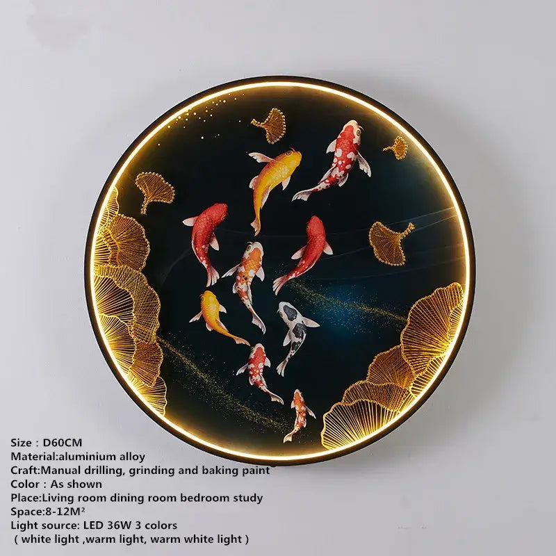 DecorBites™ circular LED picture wall decoration lamp with black background koi fish and golden ginkgo leaf motifs
