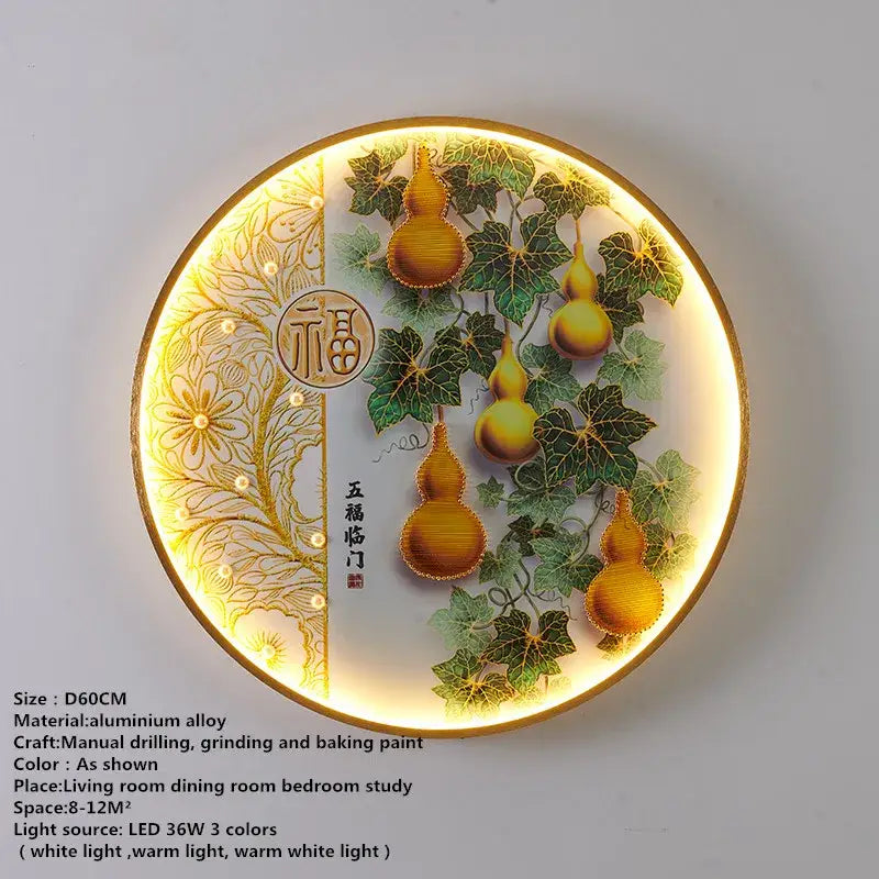 DecorBites™ circular led wall decoration lamp with golden gourds green leaves and ornate gold border for picture wall