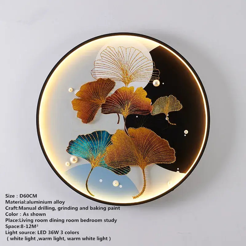 Decorbites™ circular led wall decoration lamp with hand-painted gold teal ginkgo leaves and pearl accents for picture wall