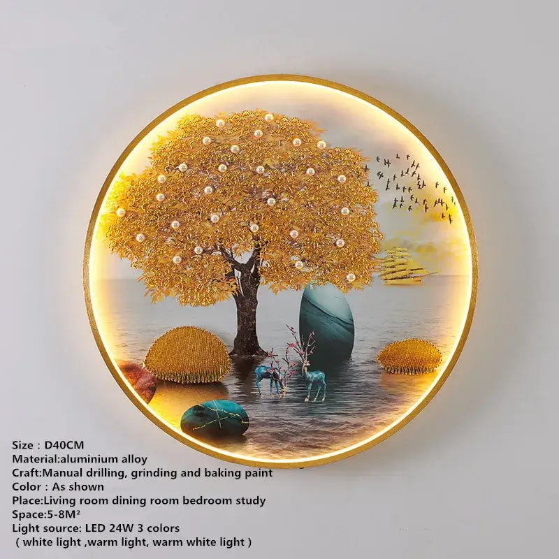 DecorBites™ modern LED circular wall decoration lamp with golden tree pearl leaves and deer for picture wall décor