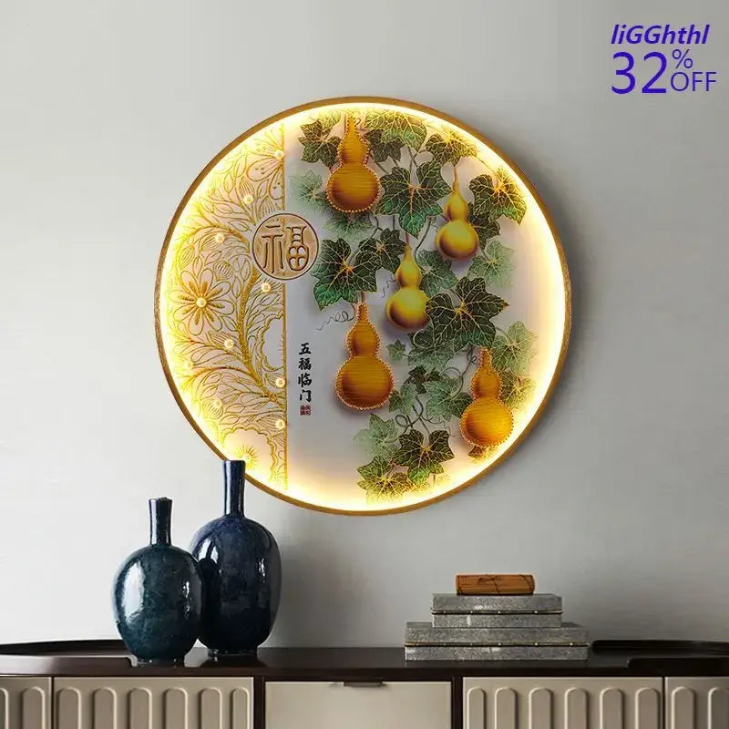 DecorBites™ circular illuminated picture wall decoration lamp with golden gourds and green leaves for home décor