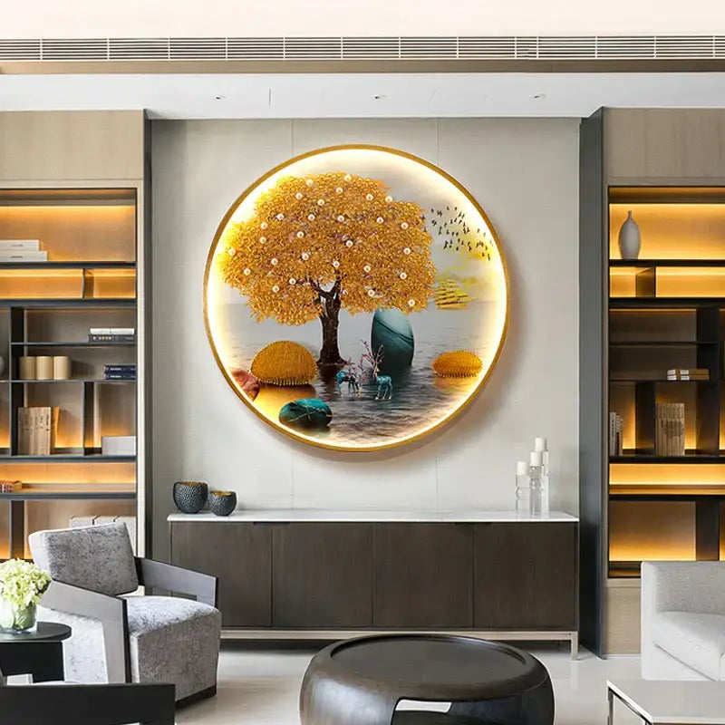 Decorbites™ chinese picture wall decoration lamp features a circular illuminated design with a golden tree and birds
