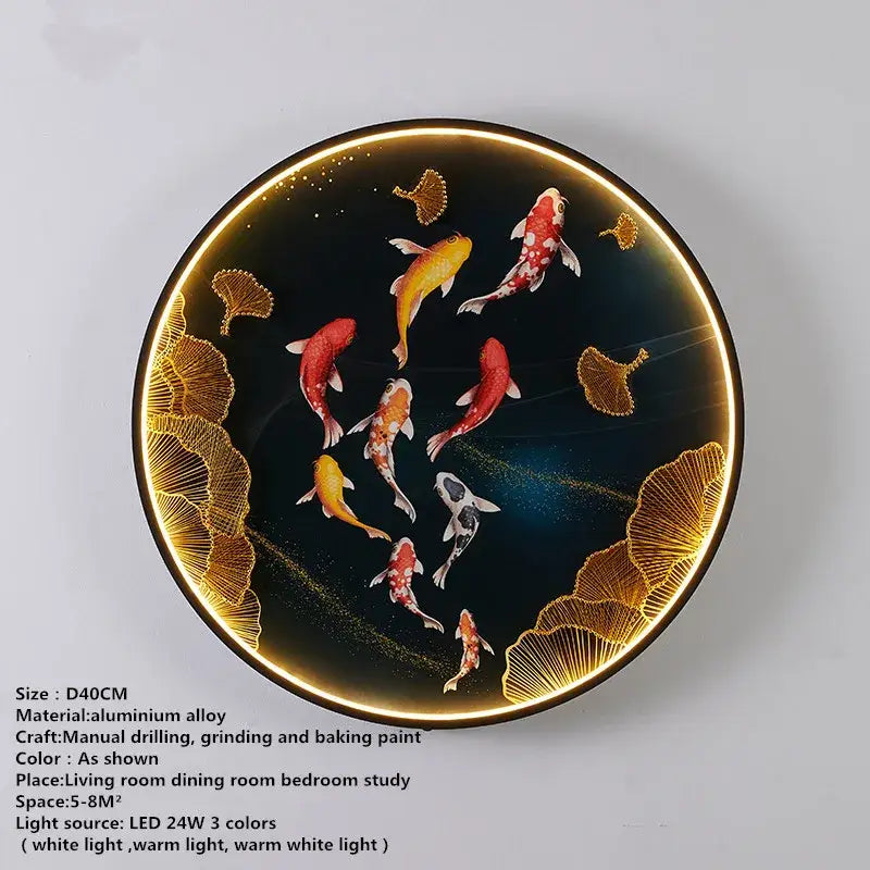 DecorBites™ circular led wall decoration lamp with black background, hand-painted koi fish, and illuminated gold rim