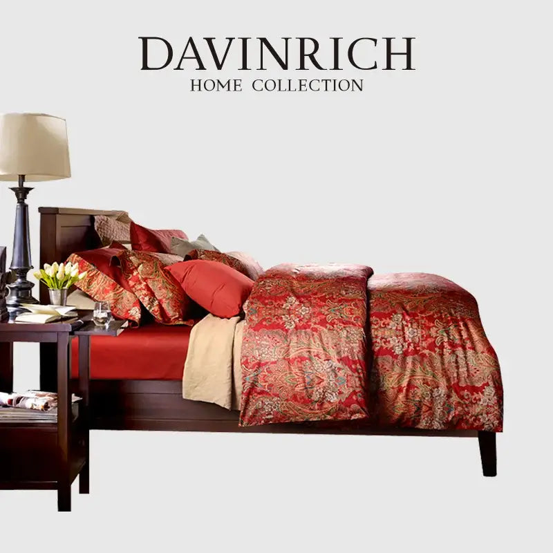 Red and gold paisley-patterned duvet set from davinrich home featuring red satin cotton for satin cotton wedding use