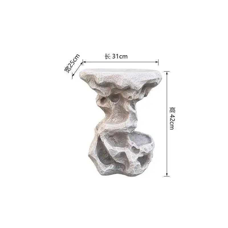 Gray textured stone resin floor flower stand with intricate carved base for modern minimalist living room decor