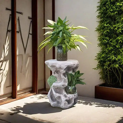 Gray stone-like DecorBites™ Chinese resin floor flower stand with glass inserts for modern minimalist living room decor
