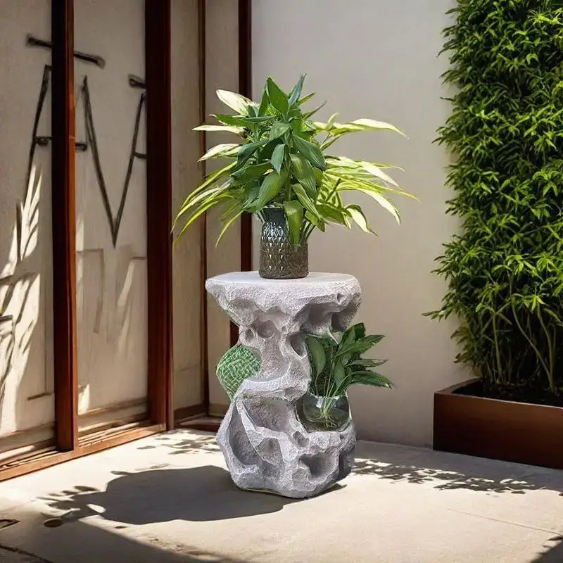 Gray stone-like DecorBites™ Chinese resin floor flower stand with glass inserts for modern minimalist living room decor