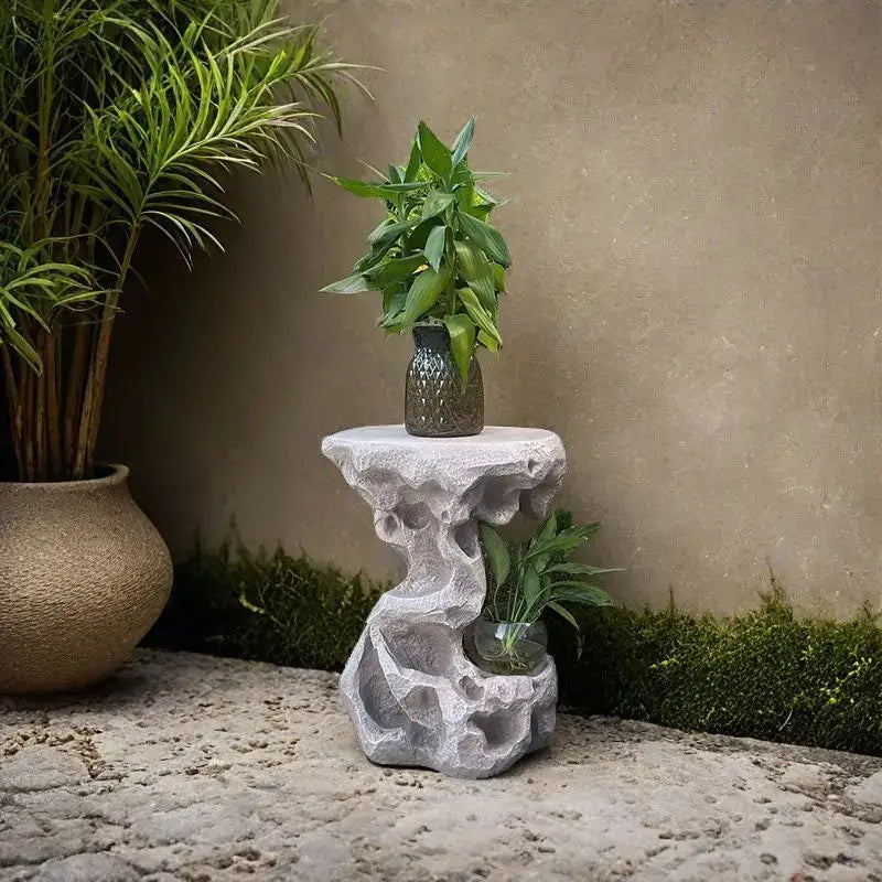 Gray stone-like resin floor flower stand with textured design and two plant holders for modern living room decor