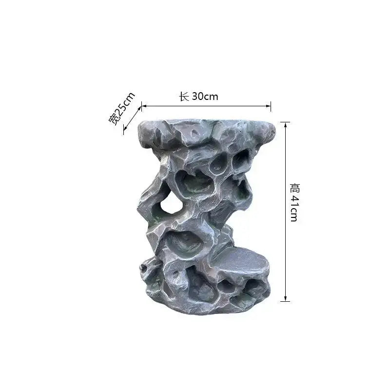 Gray intricately carved resin stone pedestal with natural rock formations for modern minimalist living room decor