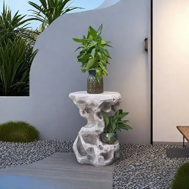DecorBites™ white carved resin floor flower stand with two plant holders for modern minimalist living room decor
