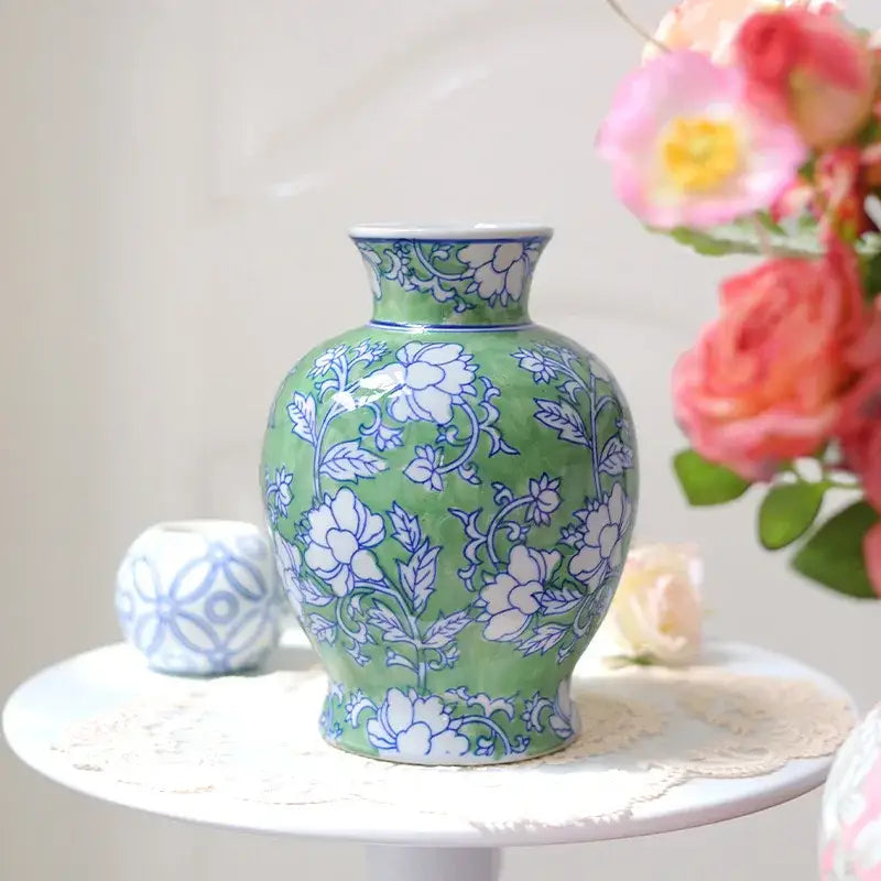 Decorbites chinese retro green ceramic vase with blue floral patterns glossy finish white porcelain vase decor