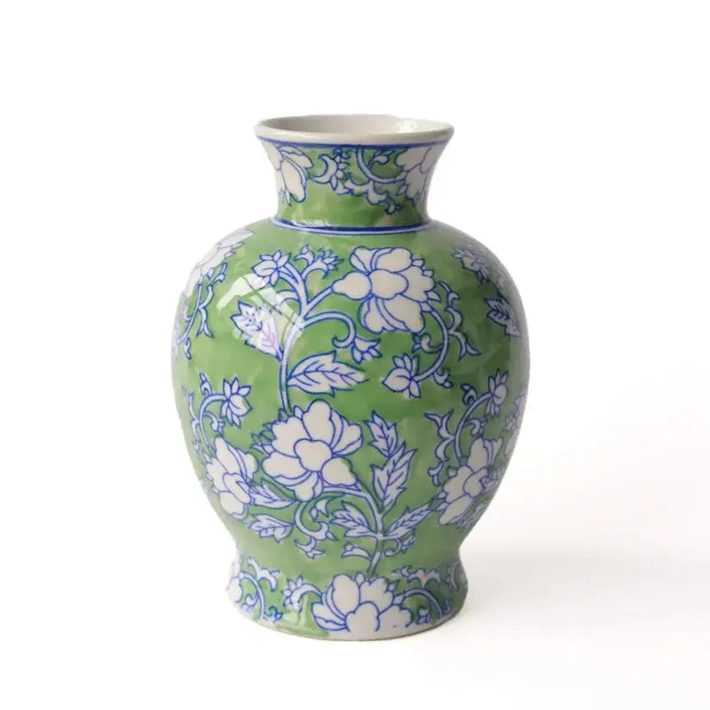 Decorbites chinese retro green ceramic vase with intricate white and blue floral patterns for home decor