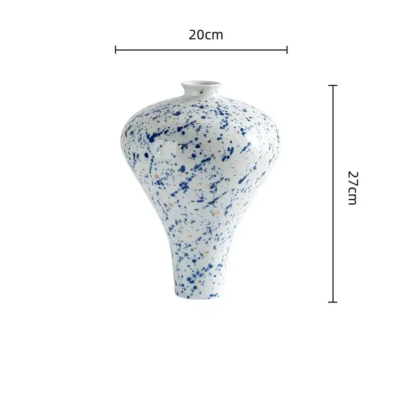 White ceramic retro ceramic vase with flared neck and blue and gold speckles for handmade home decor