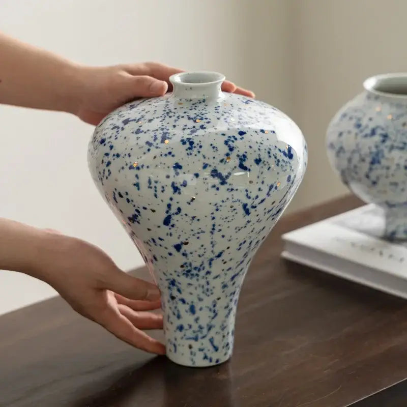 DecorBites™ Chinese retro ceramic vase with speckled blue pattern flared neck and tapered base for home decor
