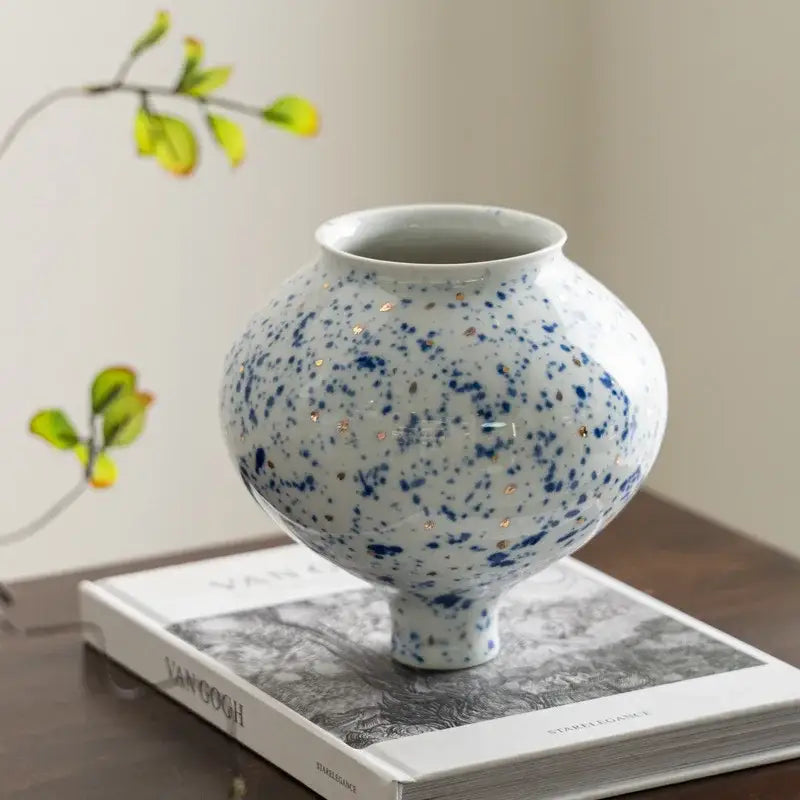 DecorBites™ chinese retro ceramic vase with white body blue and gold speckles rounded shape short pedestal base