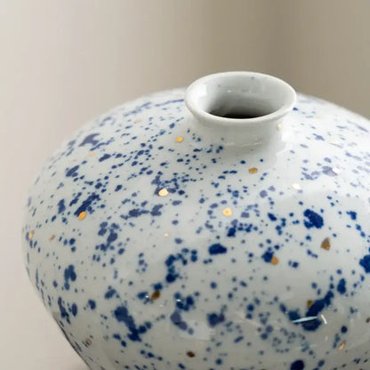 DecorBites™ retro ceramic vase in white with blue and gold speckles ideal for handmade home decor flower arrangement
