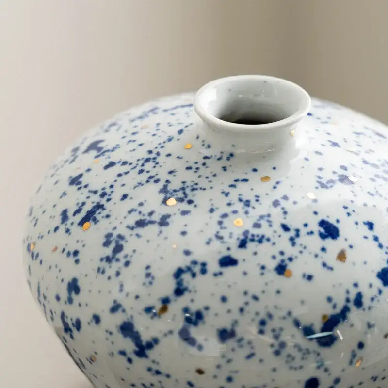 DecorBites™ retro ceramic vase in white with blue and gold speckles ideal for handmade home decor flower arrangement