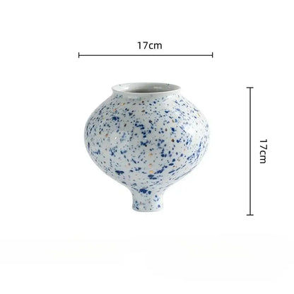 DecorBites™ Chinese retro ceramic vase in white with blue and gold speckles handmade for home decor and flower arrangement