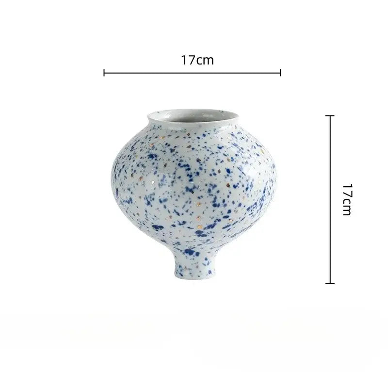 DecorBites™ Chinese retro ceramic vase in white with blue and gold speckles handmade for home decor and flower arrangement