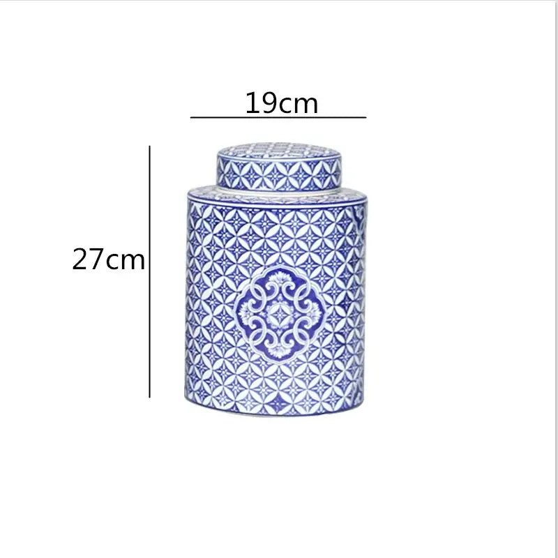 A tall cylindrical porcelain tea canister with blue and white geometric pattern from decorbites chinese retro ceramics golden collection