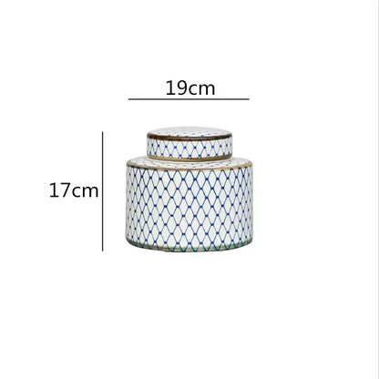 DecorBites Chinese retro white ceramic jar with blue diamond lattice pattern gold trim and matching lid for home décor