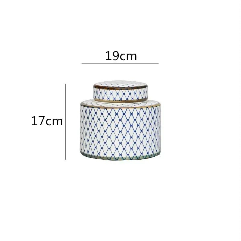DecorBites Chinese retro white ceramic jar with blue diamond lattice pattern gold trim and matching lid for home décor