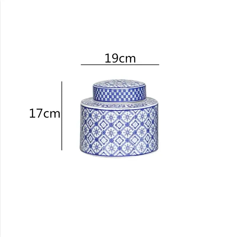 Decorbites chinese retro cylindrical porcelain tea canister with blue and white geometric patterns for home décor