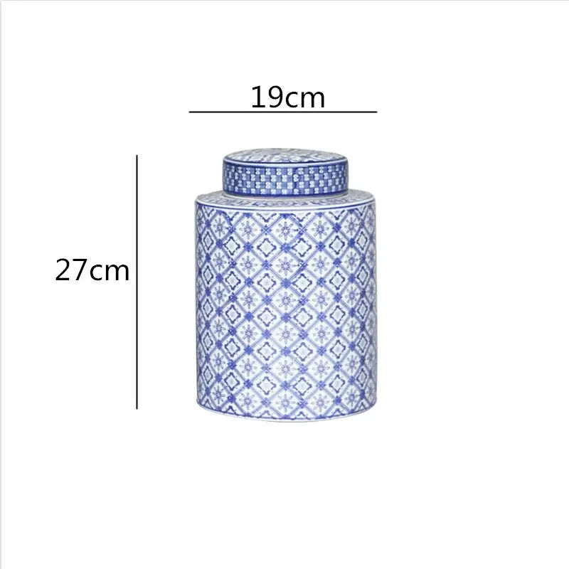 Decorbites chinese retro cylindrical porcelain tea canister with blue and white geometric pattern for home décor