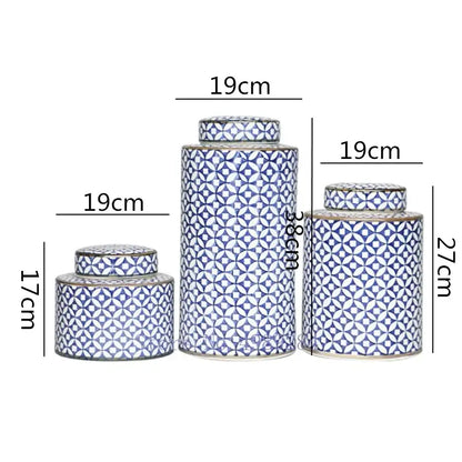 Set of three decorbites chinese retro ceramic tea canisters with blue and white geometric patterns for home décor