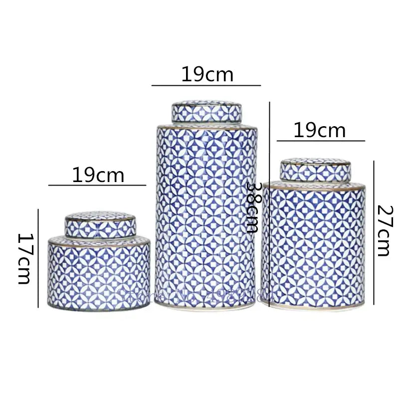 Set of three decorbites chinese retro ceramic tea canisters with blue and white geometric patterns for home décor