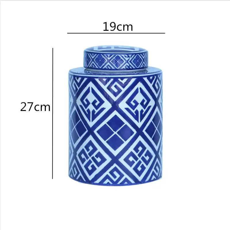 A tall cylindrical ceramic jar with lid in blue and white geometric patterns from decorbites chinese retro ceramics golden collection