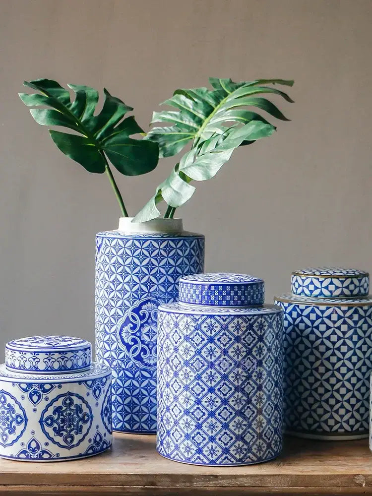 DecorBites™ chinese retro ceramic jars in blue and white with geometric and floral patterns for home décor and storage