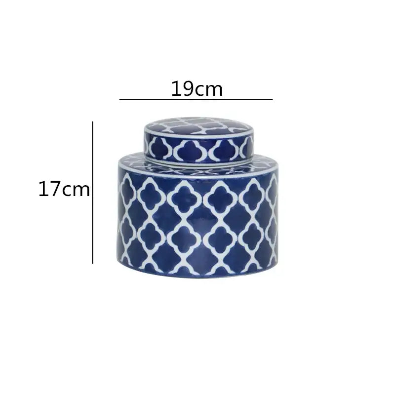 Navy blue ceramic jar with lid featuring white quatrefoil pattern from decorbites chinese retro ceramics golden collection