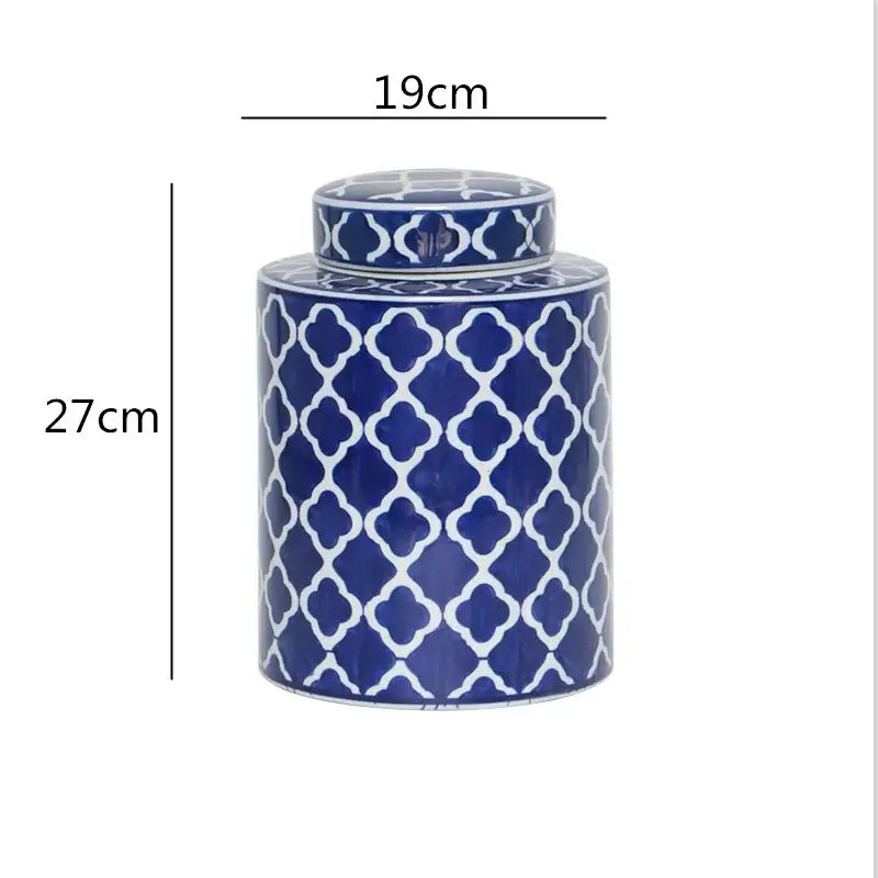 Decorbites chinese retro tall ceramic jar with lid featuring white quatrefoil pattern on deep blue glaze for home décor