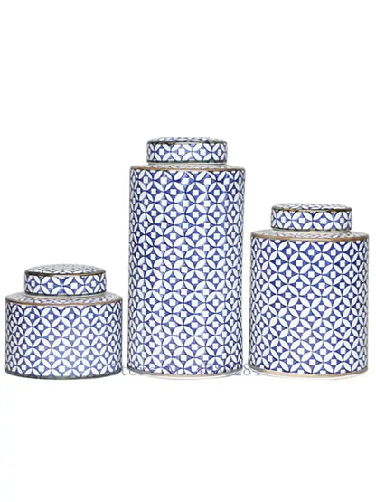 Set of three cylindrical ceramic tea canisters with blue and white geometric patterns from decorbites chinese retro ceramics golden collection